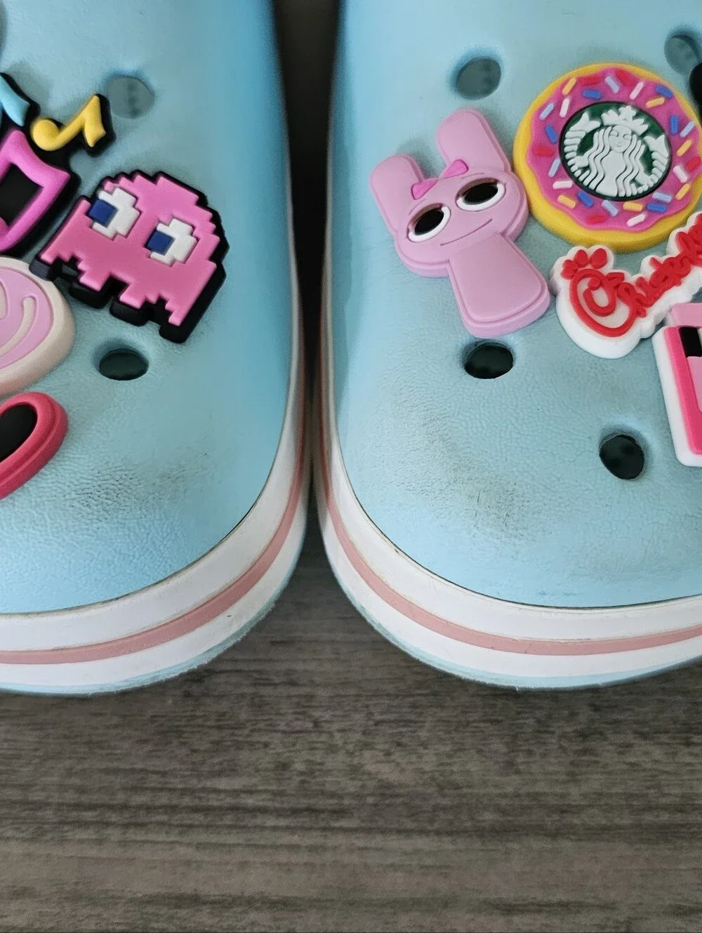 CROCS Kid Light Blue Clog Sandal Pink Trim Charms Girl J 3 Hello Kitty Minecraft